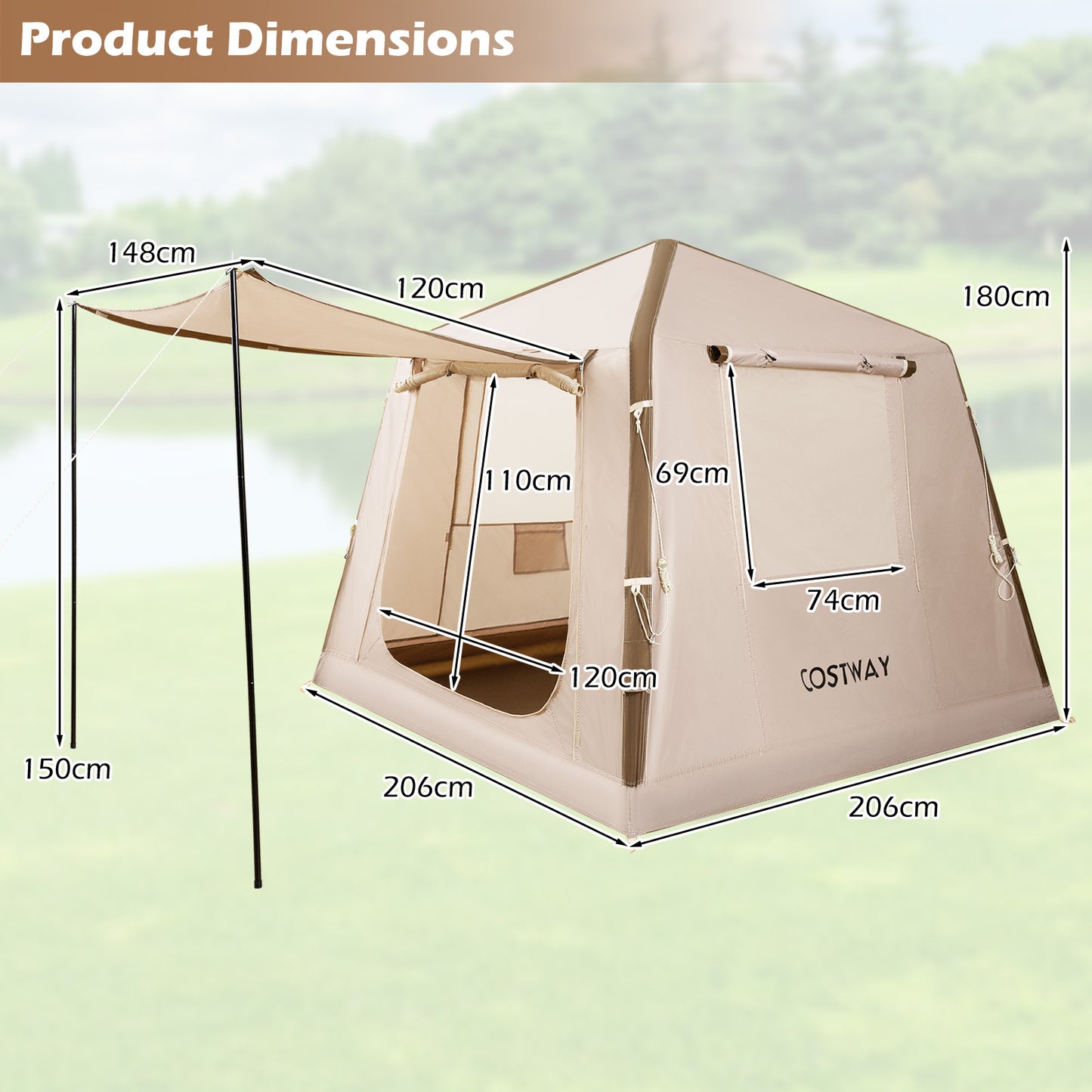 LIVSK Opblaasbare Campingtent - Voor 2-4 Personen - Snelle Inflatie - Muggennet Ramen - Oxford-Stof - Khaki