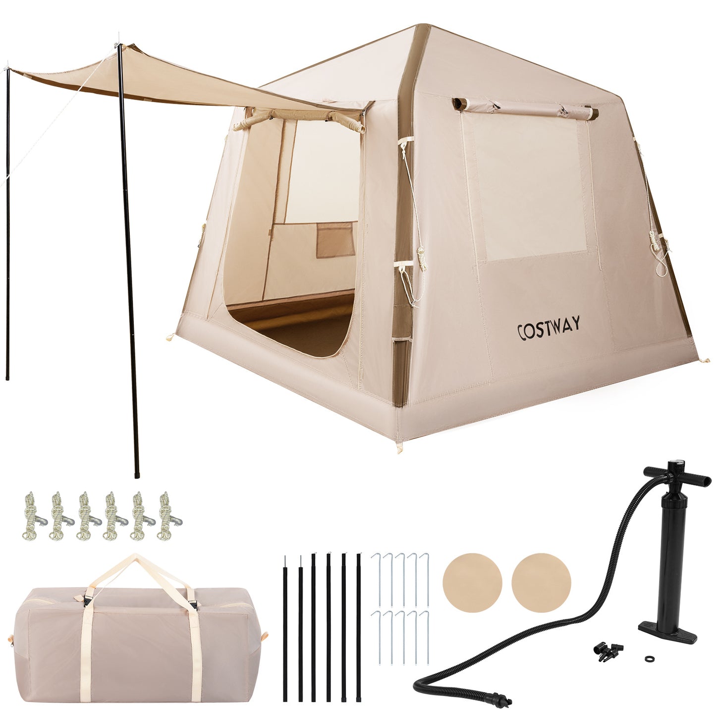 LIVSK Opblaasbare Campingtent - Voor 2-4 Personen - Snelle Inflatie - Muggennetdeur - Hoogwaardig Oxford-stof - Khaki