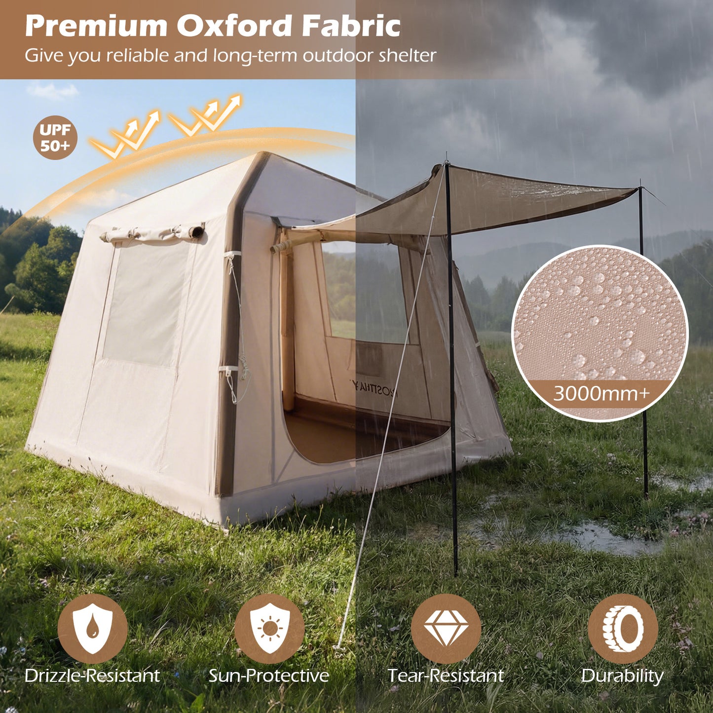 LIVSK Opblaasbare Campingtent - Voor 2-4 Personen - Snelle Inflatie - Muggennetdeur - Hoogwaardig Oxford-stof - Khaki