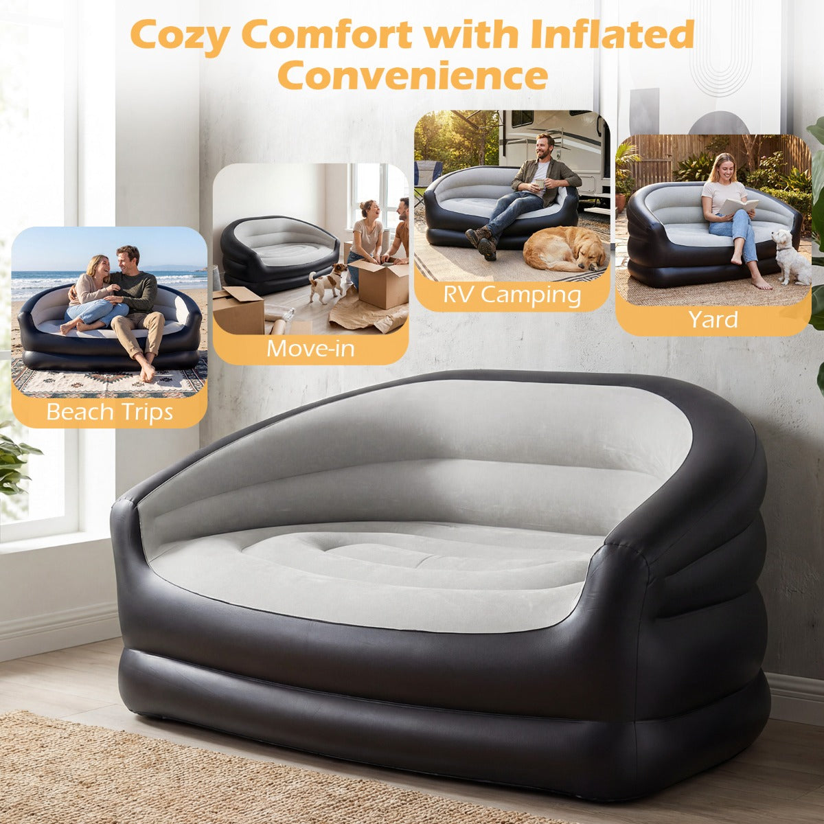 LIVSK Opblaasbare Loveseat - Ergonomisch Ontwerp - Snelle Opblaastijd - Huidvriendelijk PVC - Tot 150 kg - Grijs + Zwart