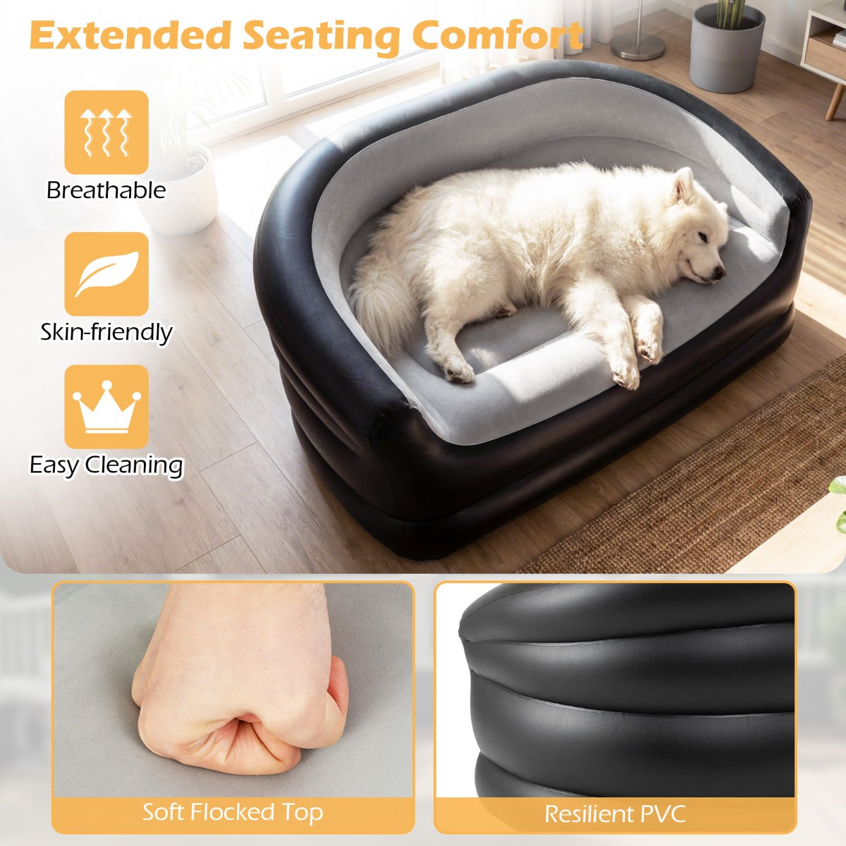 LIVSK Opblaasbare Loveseat - Ergonomisch Ontwerp - Snelle Opblaastijd - Huidvriendelijk PVC - Tot 150 kg - Grijs + Zwart
