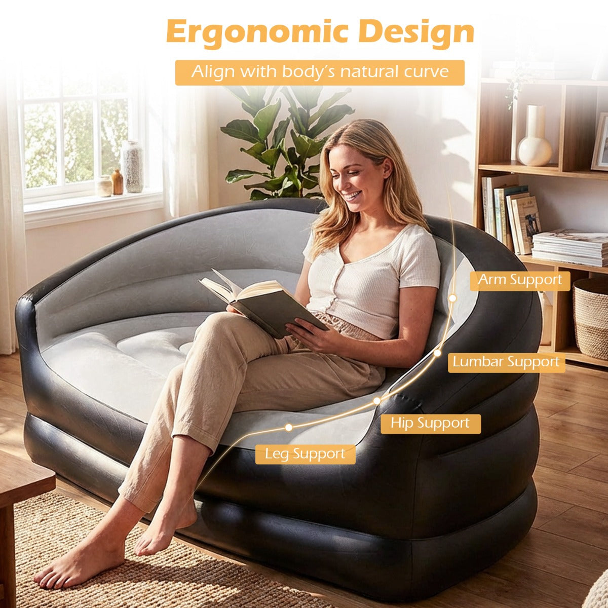 LIVSK Opblaasbare Loveseat - Ergonomisch Ontwerp - Snelle Opblaastijd - Huidvriendelijk PVC - Tot 150 kg - Grijs + Zwart