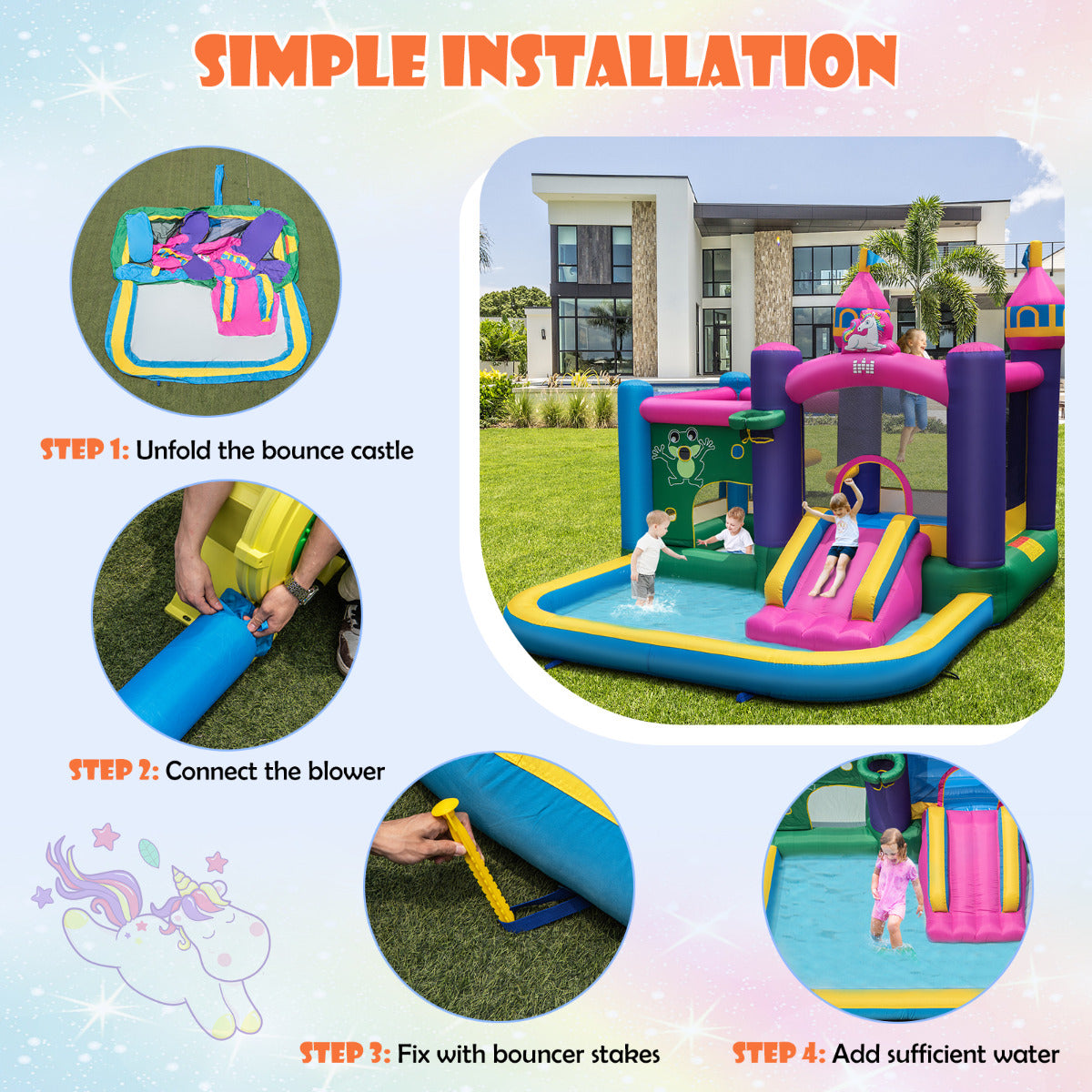LIVSK Opblaasbare Waterglijbaan - Duurzaam Oxford Materiaal - Inclusief Blower en Accessoires - Voor 3 Kinderen - Gekleurd