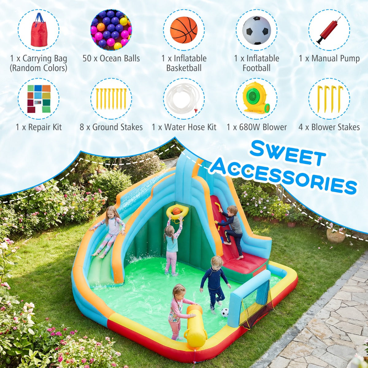 LIVSK Opblaasbare Waterspeeltuin - Voor Kinderen 3-12 Jaar - Oxford Materiaal - Inclusief Oceaanballen en Sportballen -