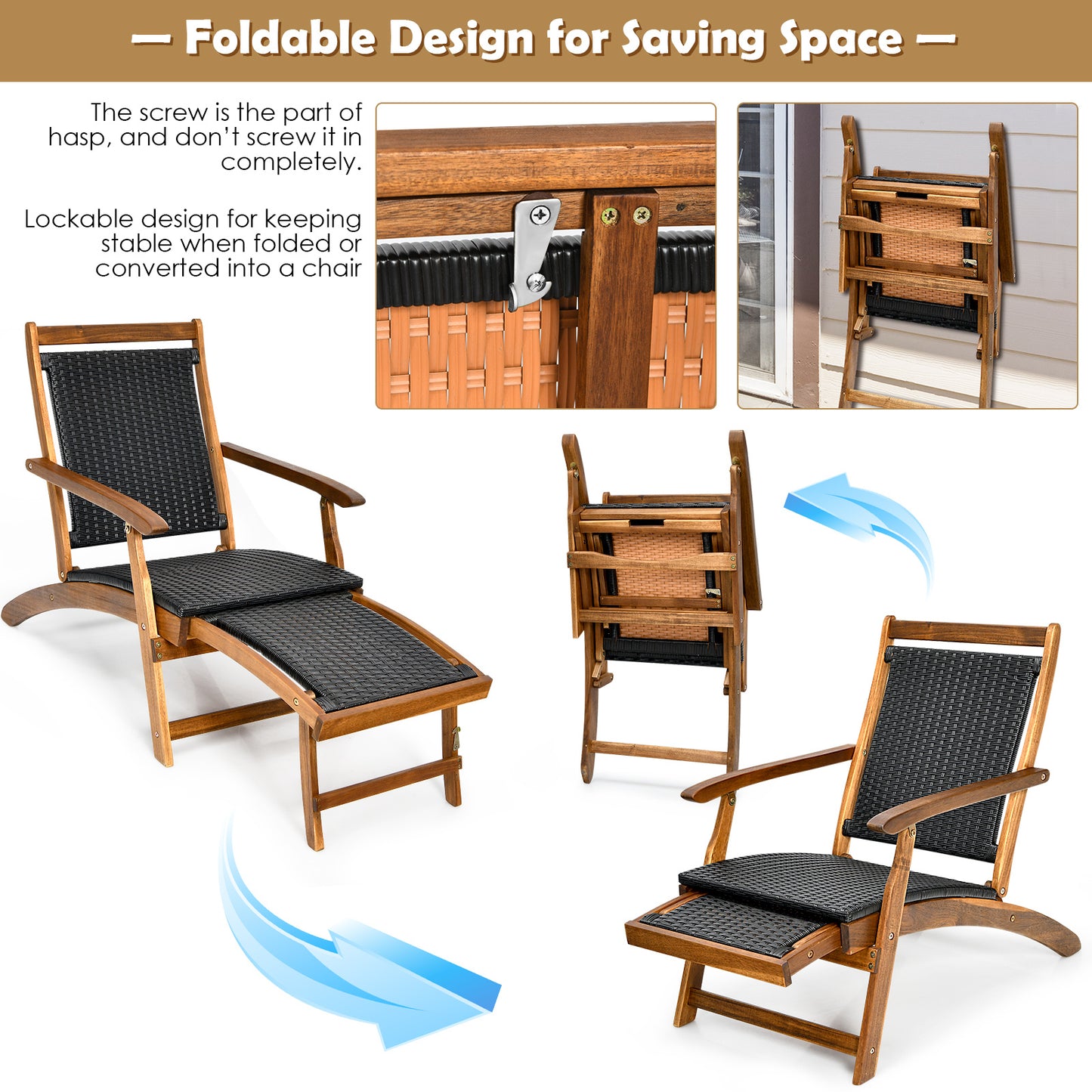 LIVSK Opklapbare Tuinligstoel - Ergonomische Rugleuning - Stevig Acaciahout - Ventilerend PE-Rattan - Draagvermogen 160 kg -