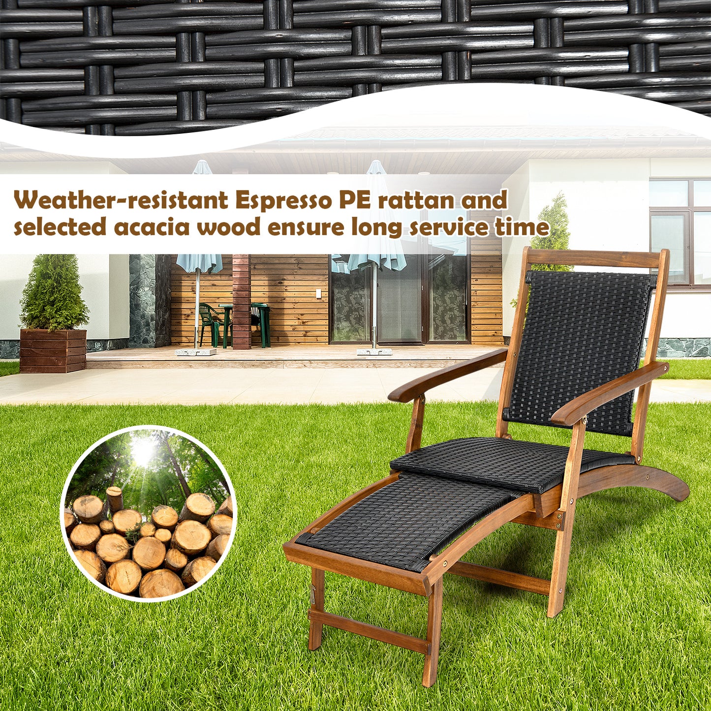 LIVSK Opklapbare Tuinligstoel - Ergonomische Rugleuning - Stevig Acaciahout - Ventilerend PE-Rattan - Draagvermogen 160 kg -
