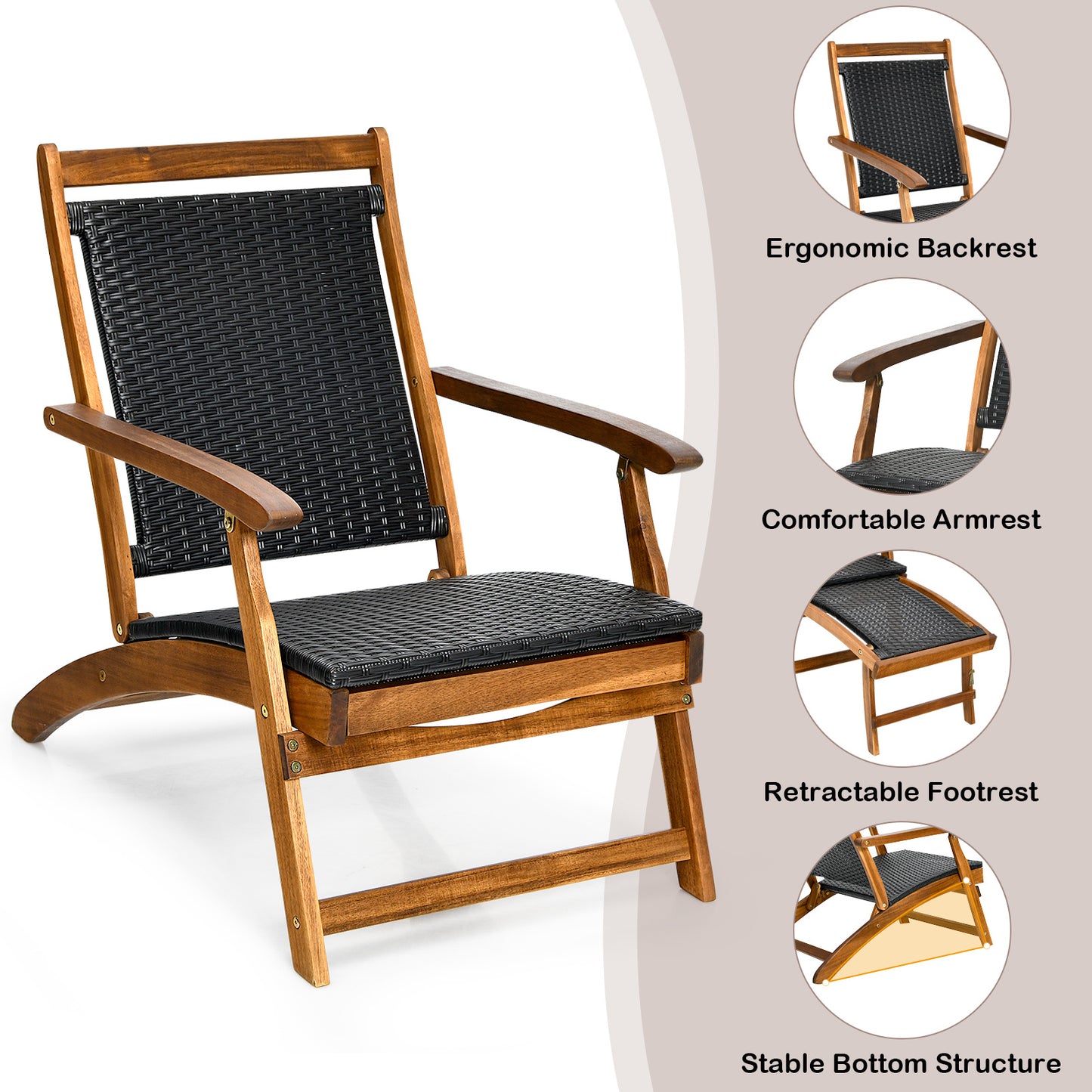 LIVSK Opklapbare Tuinligstoel - Ergonomische Rugleuning - Uitschuifbare Voetensteun - Acaciahout - Tot 160 kg - Gemengd Bruin