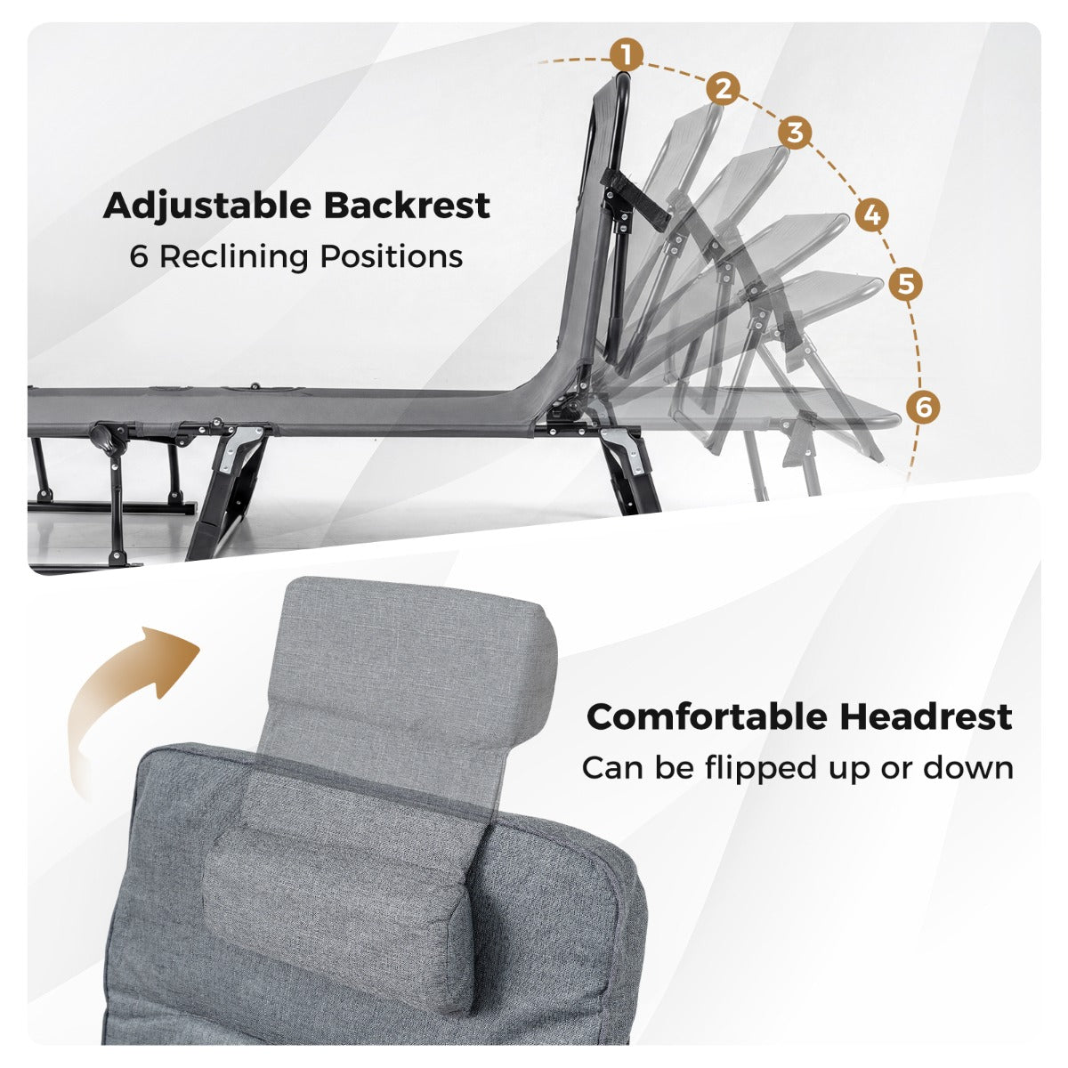 LIVSK Opvouwbaar Campingbed - 3-in-1 Functie - 6 Verstelbare Rugleuningstanden - Ademend Oxford-Stof - Grijs + Zwart