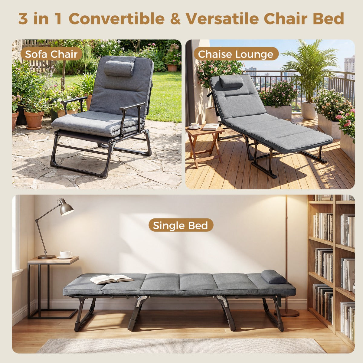 LIVSK Opvouwbaar Campingbed - 3-in-1 Functie - 6 Verstelbare Rugleuningstanden - Ademend Oxford-Stof - Grijs + Zwart