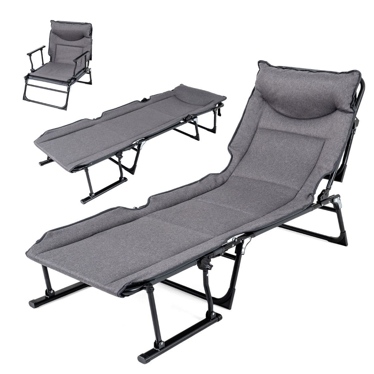 LIVSK Opvouwbaar Campingbed - 3-in-1 Functie - 6 Verstelbare Rugleuningstanden - Slijtvaste Oxfordstof - Grijs + Zwart