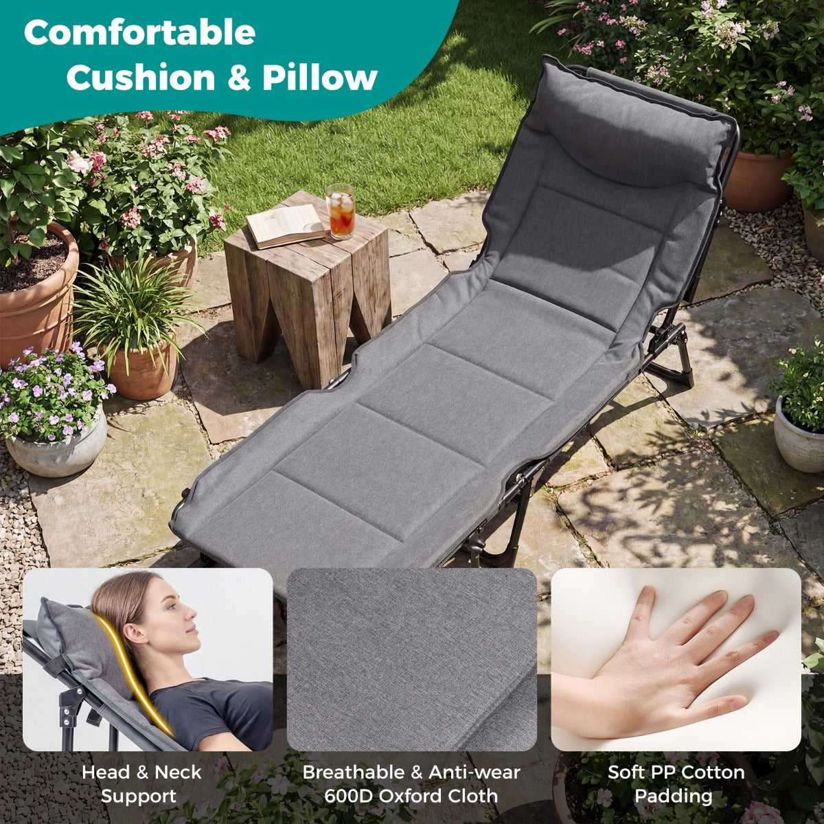 LIVSK Opvouwbaar Campingbed - 3-in-1 Functie - 6 Verstelbare Rugleuningstanden - Slijtvaste Oxfordstof - Grijs + Zwart