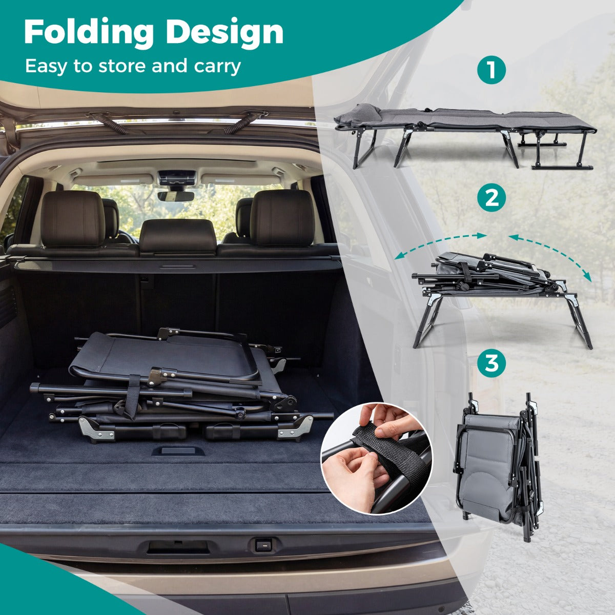LIVSK Opvouwbaar Campingbed - 3-in-1 Functie - 6 Verstelbare Rugleuningstanden - Slijtvaste Oxfordstof - Grijs + Zwart