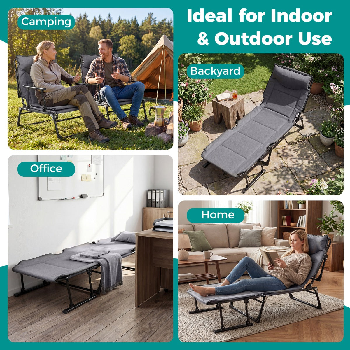LIVSK Opvouwbaar Campingbed - 3-in-1 Functie - 6 Verstelbare Rugleuningstanden - Slijtvaste Oxfordstof - Grijs + Zwart
