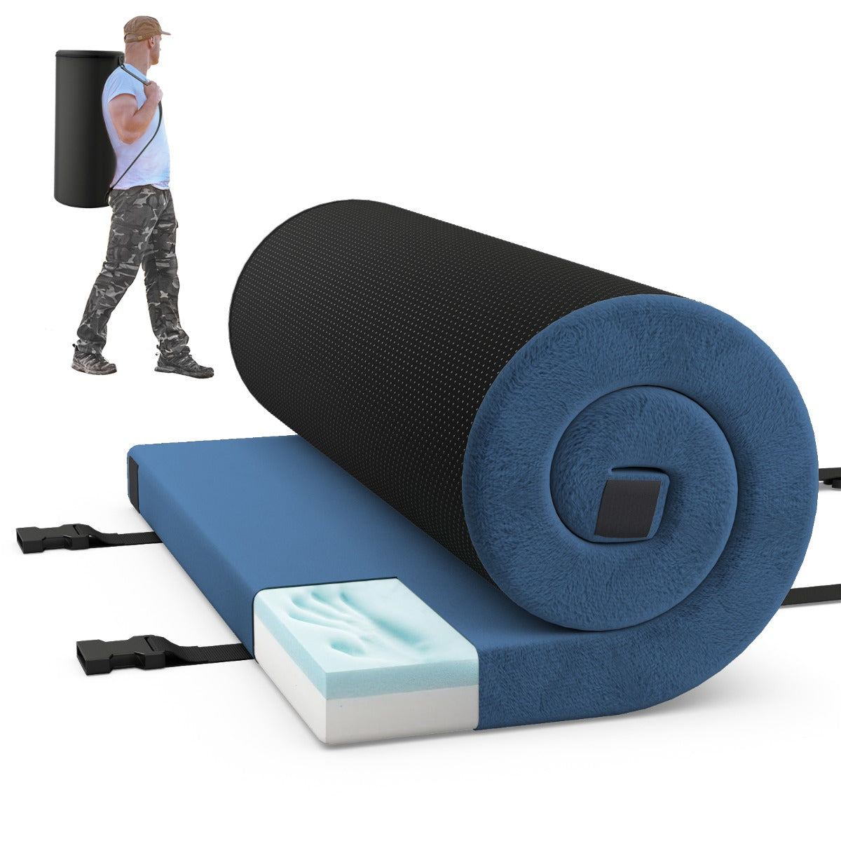 LIVSK Opvouwbaar Campingmatras - Traagschuim - Antislipbodem - Draagtas Inclusief - 188 x 78 x 6,5 cm - Grijs/Blauw