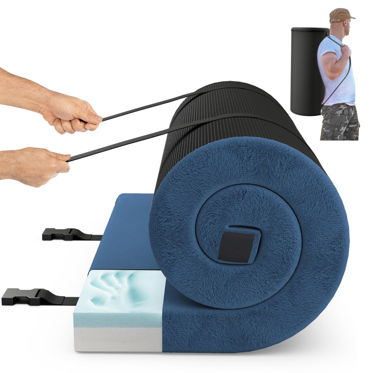LIVSK Opvouwbaar Campingmatras - Traagschuim - Antislipbodem - Draagtas Inclusief - 188 x 78 x 6,5 cm - Grijs/Blauw
