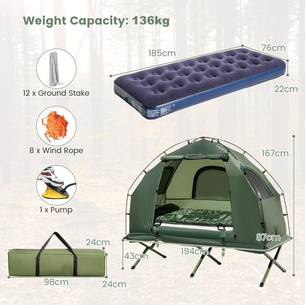 LIVSK Opvouwbaar Campingtentbed - Inclusief Luchtmatras en Slaapzak - Waterdicht en Draagbaar - Voor 1 Persoon - Groen