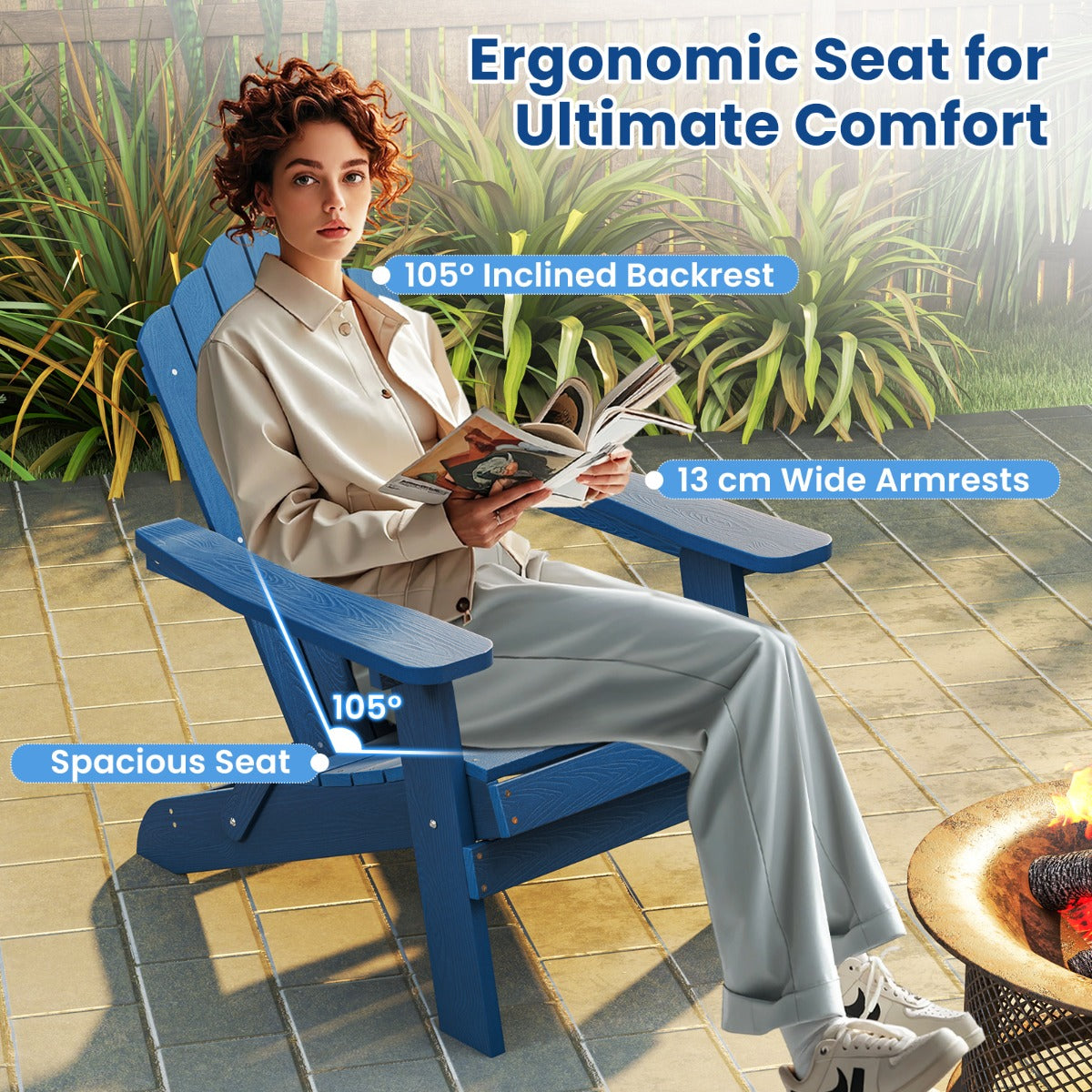 LIVSK Opvouwbare Adirondack-Stoel - Weerbestendig HIPS - Ergonomische Zitting - Snel Opvouwbaar - Marineblauw