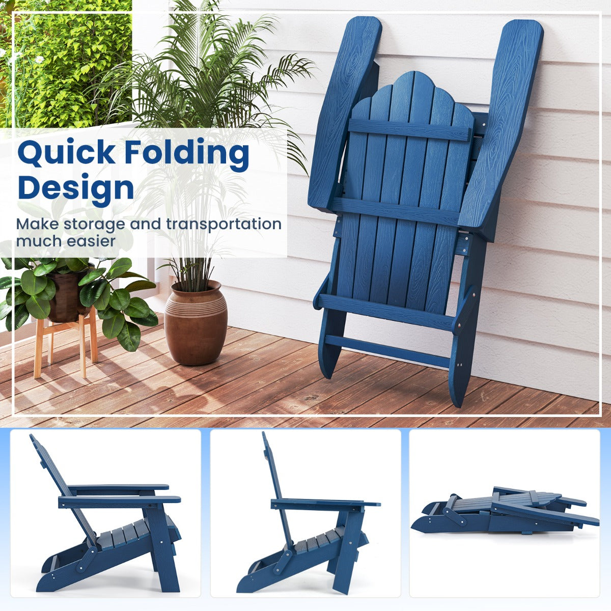 LIVSK Opvouwbare Adirondack-Stoel - Weerbestendig HIPS - Ergonomische Zitting - Snel Opvouwbaar - Marineblauw