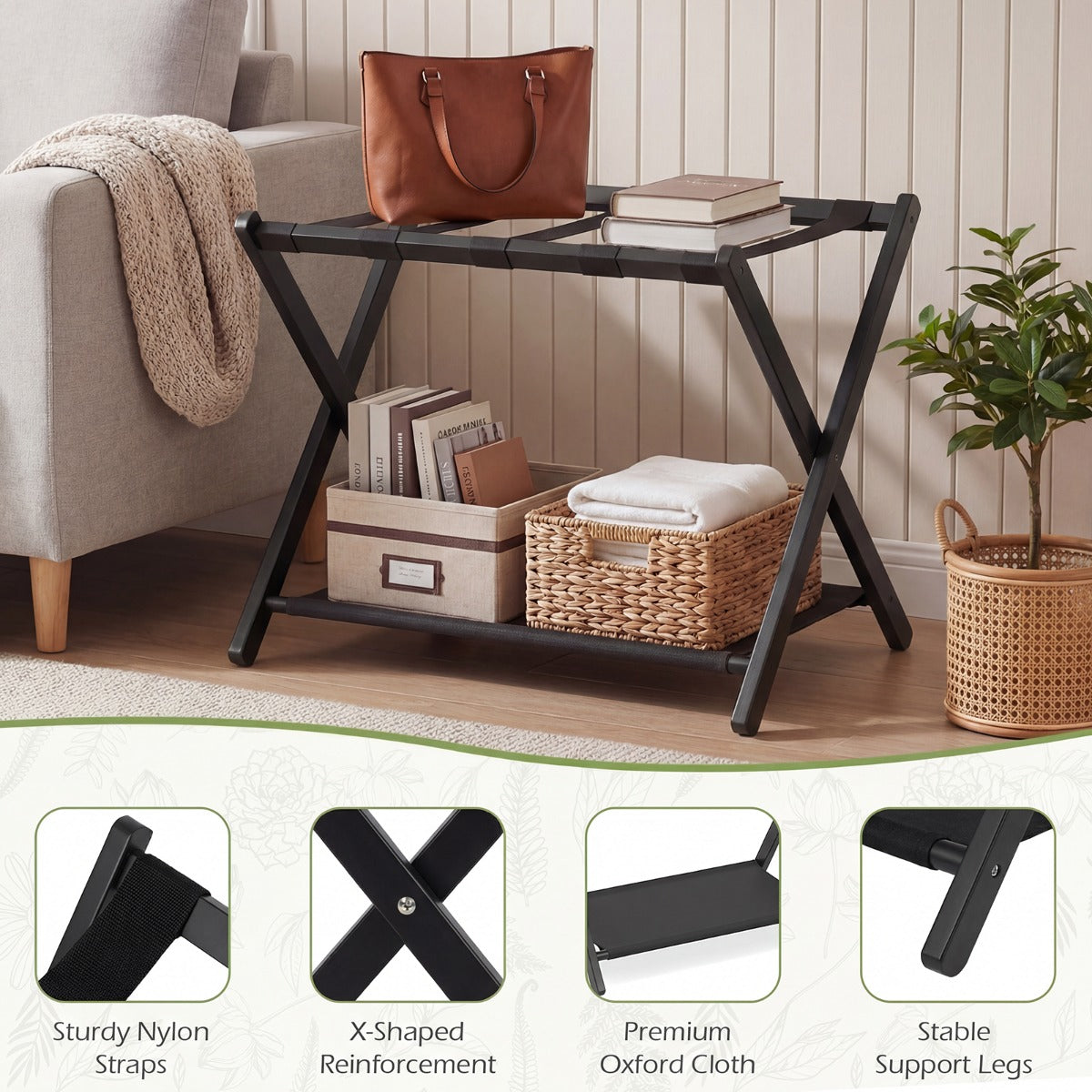 LIVSK Opvouwbare Bagagedrager - Bamboe Frame - Draagvermogen 50 kg - Voor Koffers tot 28 inch - Zwart