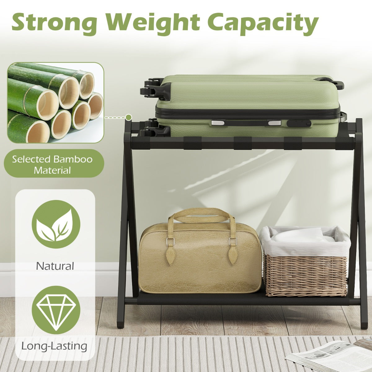 LIVSK Opvouwbare Bagagedrager - Bamboe Frame - Hoog Draagvermogen - Voor Koffers tot 28 Inch - Zwart