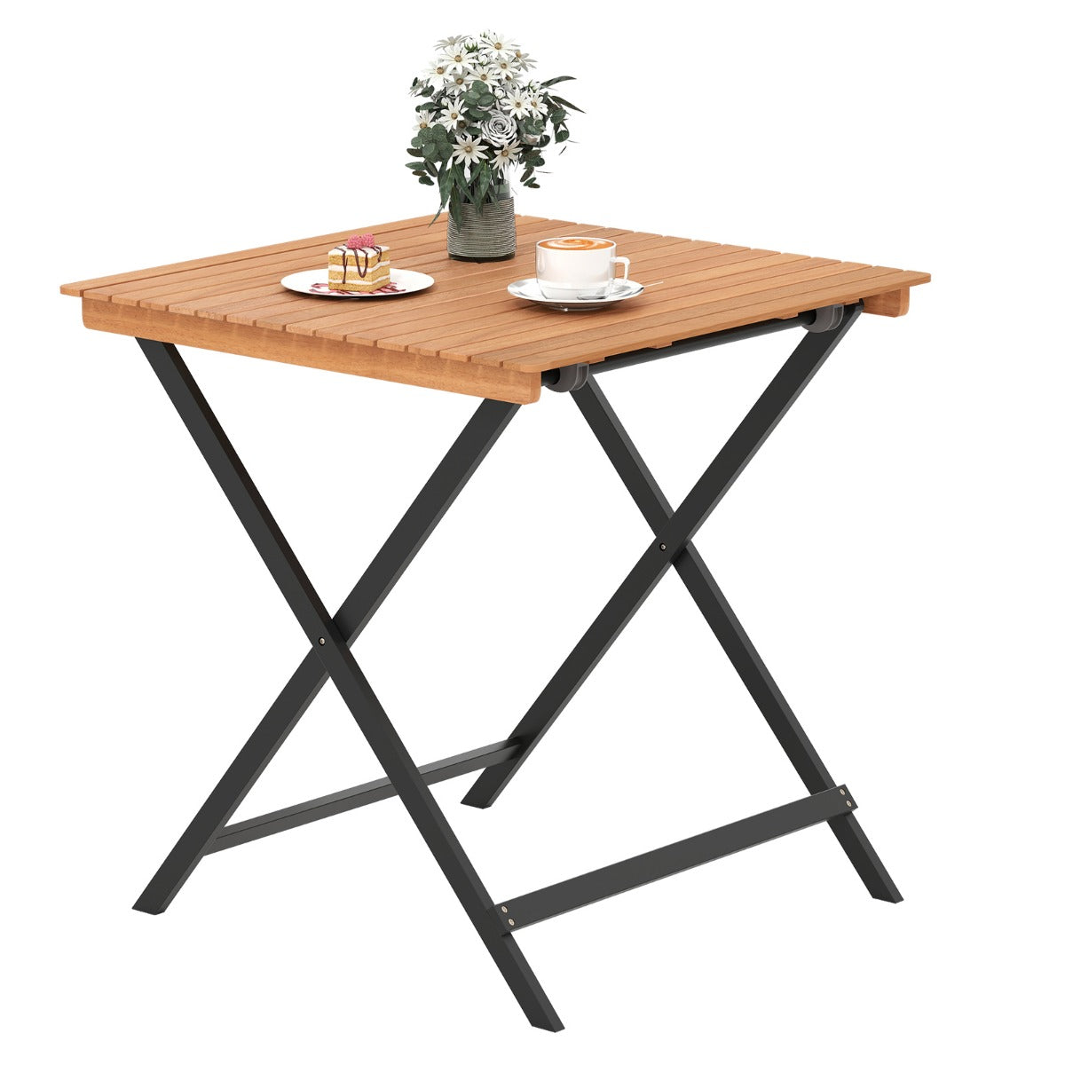 LIVSK Opvouwbare Bijzettafel - Acaciahout - X-vormige Constructie - Draagvermogen tot 80 kg - 70 x 70 x 73 cm - Naturel + Zwart
