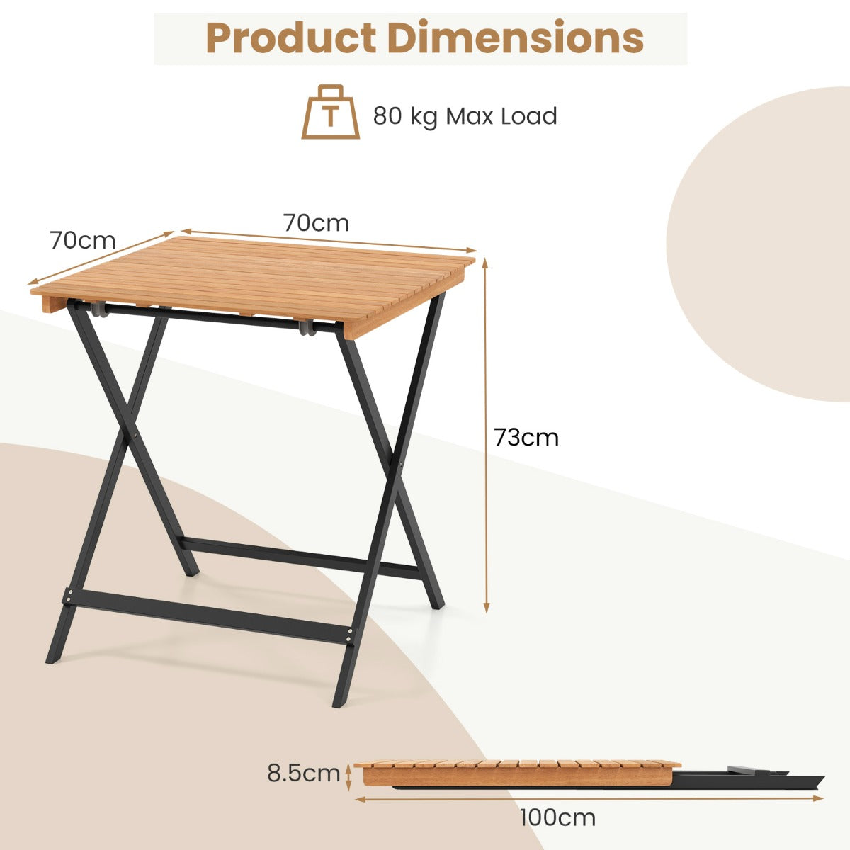 LIVSK Opvouwbare Bijzettafel - Acaciahout - X-vormige Constructie - Draagvermogen tot 80 kg - 70 x 70 x 73 cm - Naturel + Zwart