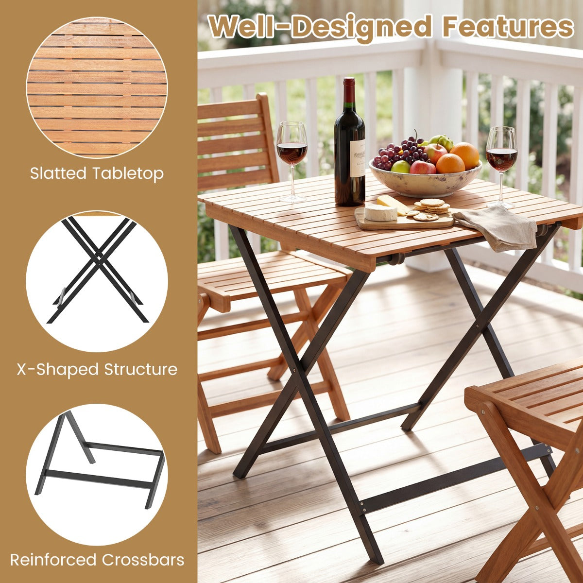 LIVSK Opvouwbare Bijzettafel - Acaciahout - X-vormige Constructie - Draagvermogen tot 80 kg - 70 x 70 x 73 cm - Naturel + Zwart