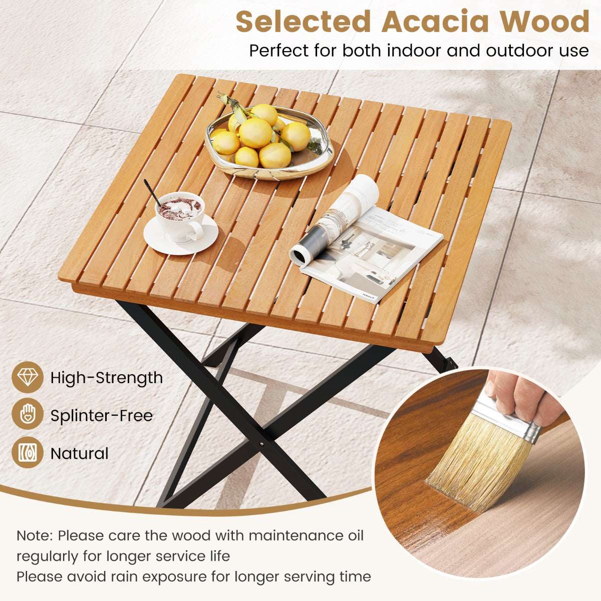 LIVSK Opvouwbare Bijzettafel - Acaciahout - X-vormige Constructie - Draagvermogen tot 80 kg - 70 x 70 x 73 cm - Naturel + Zwart