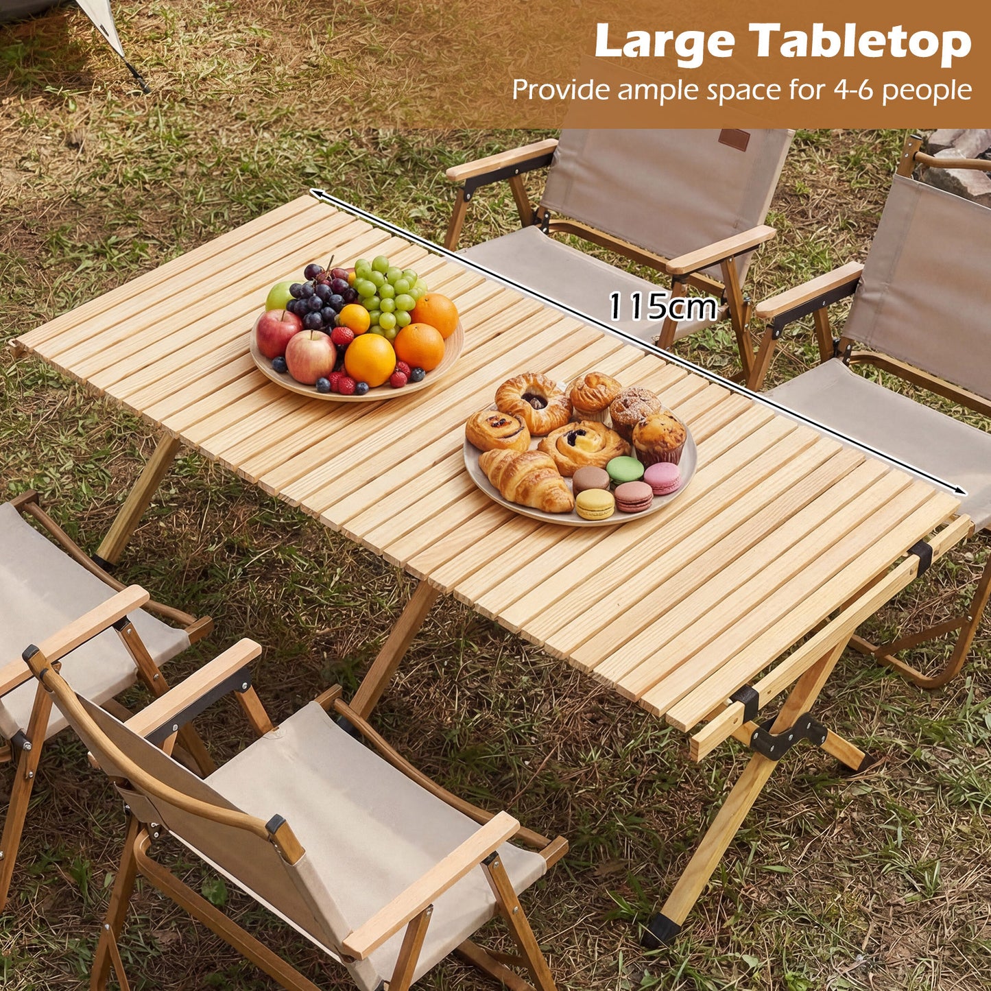 LIVSK Opvouwbare Campingtafel - Voor 4-6 Personen - Duurzaam Dennenhout - Stabiliteit met Antislip Voetjes - Koffie/Natuur
