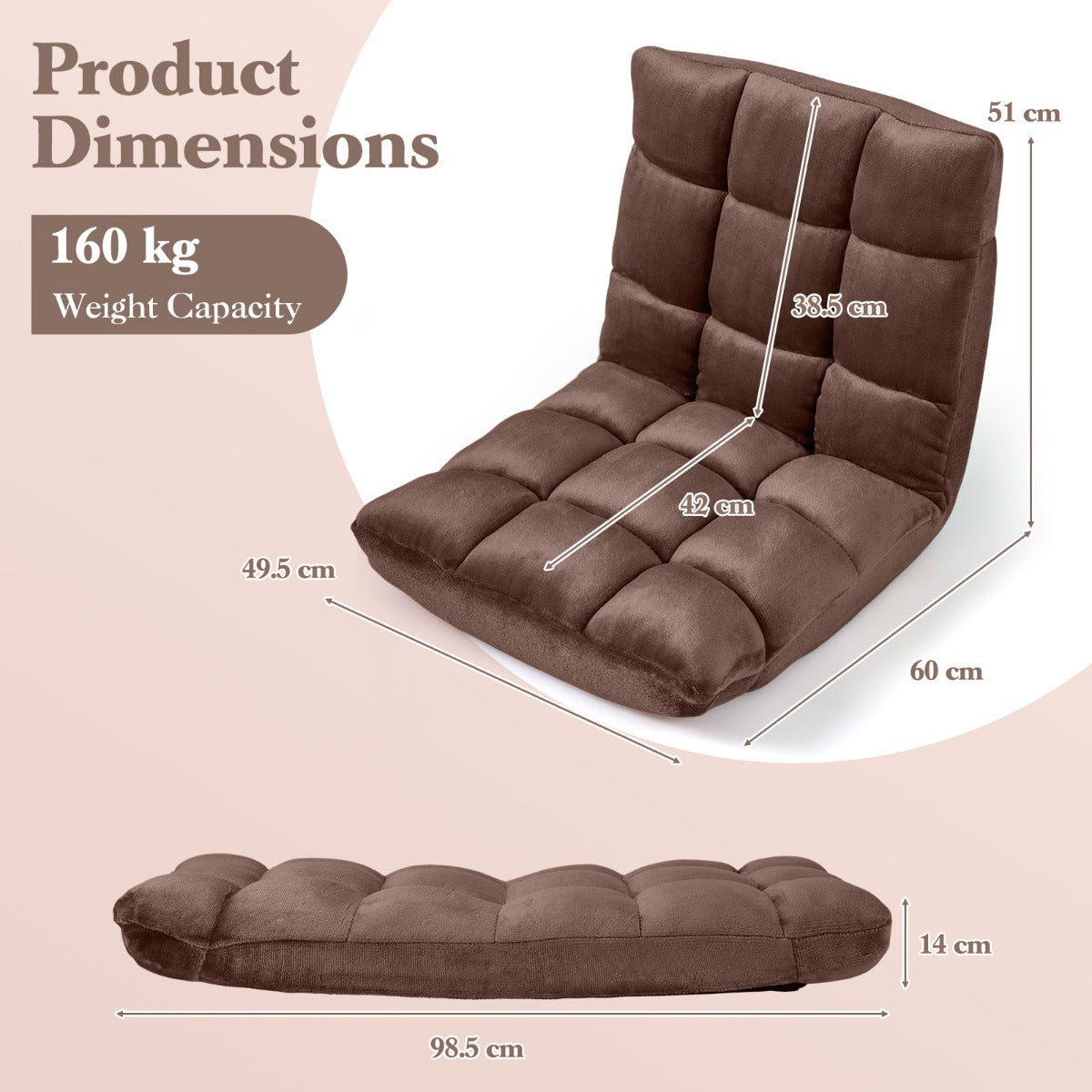 LIVSK Opvouwbare Fauteuil - 14 Standen Verstelbare Rugleuning - Koraalkleurig Fluweel - Stevig Metalen Frame - Ruimtebesparend