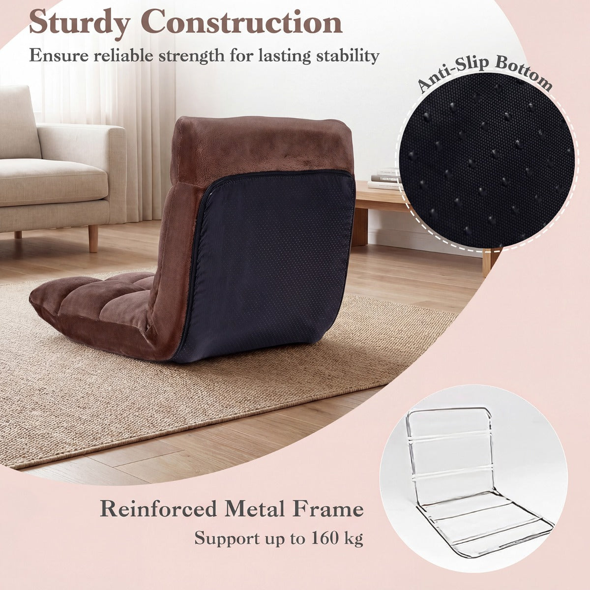 LIVSK Opvouwbare Fauteuil - 14 Standen Verstelbare Rugleuning - Koraalkleurig Fluweel - Stevig Metalen Frame - Ruimtebesparend