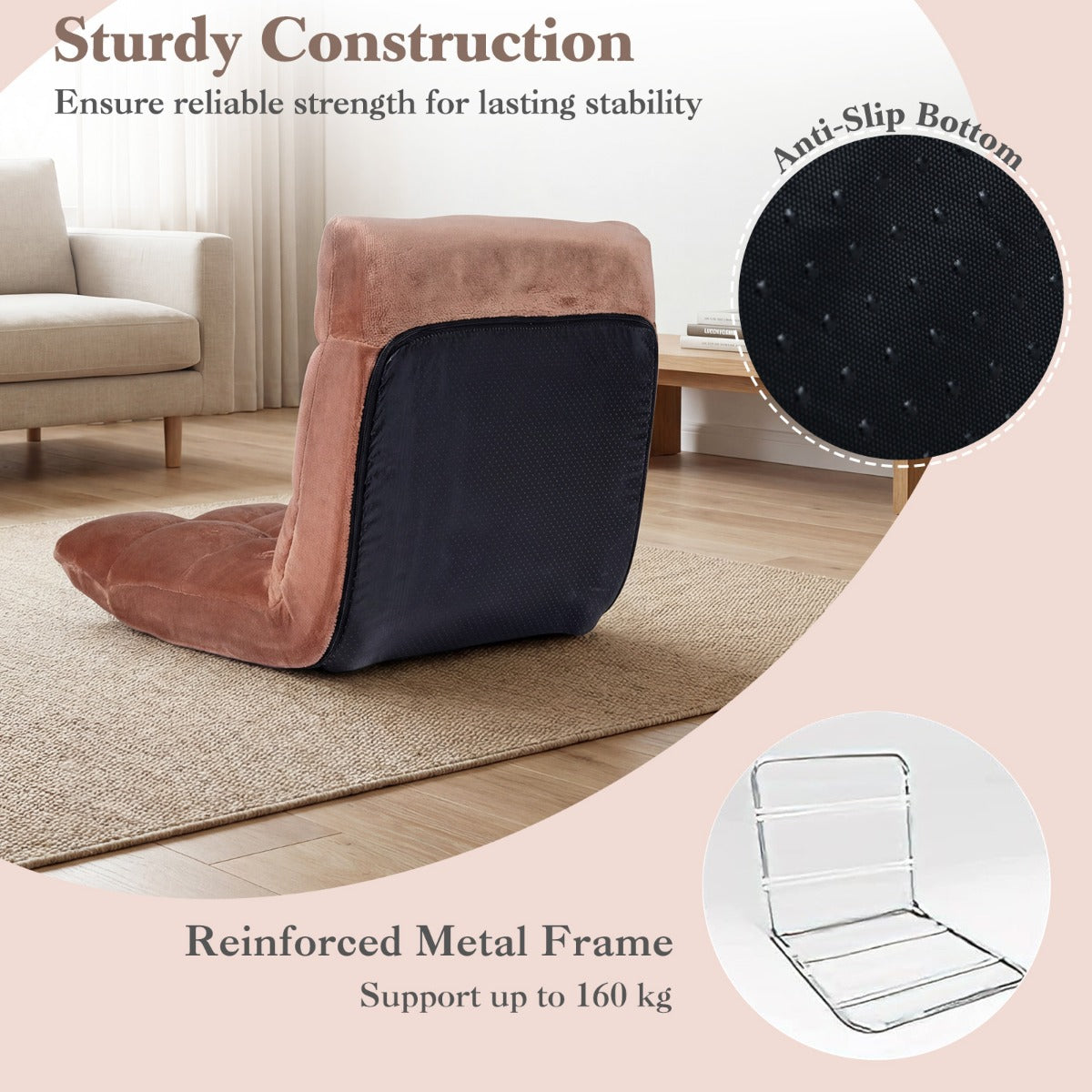 LIVSK Opvouwbare Fauteuil - 14 Verstelbare Standen - Fluwelen Bekleding - Antislip Frame - Ruimtebesparend - Koraalkleurig