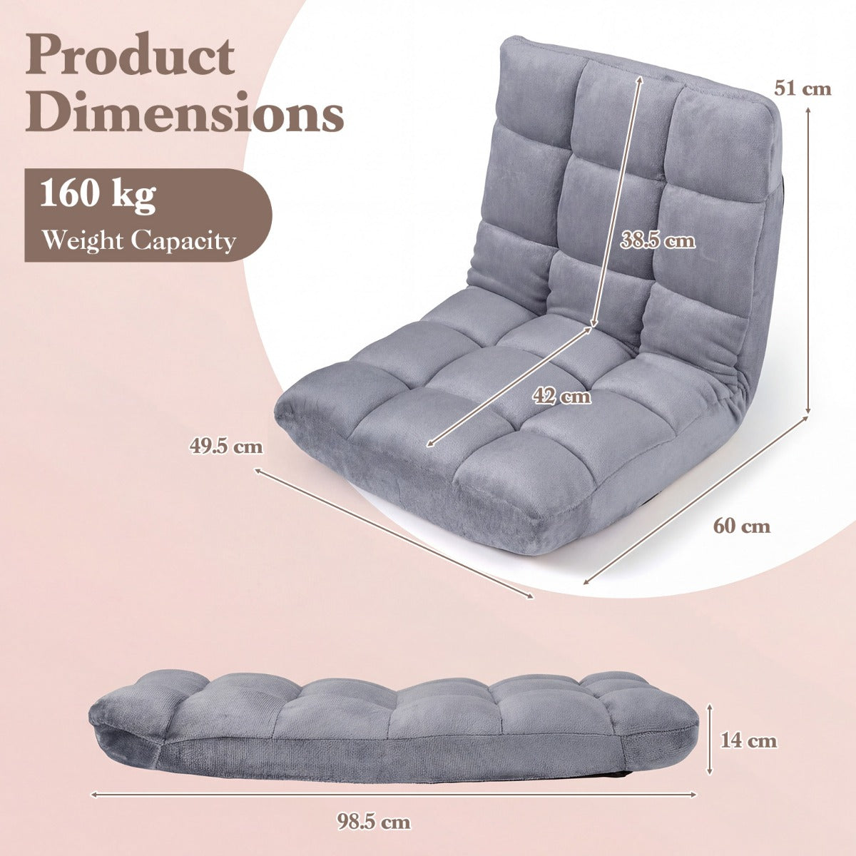 LIVSK Opvouwbare Fauteuil - 14 Verstelbare Standen - Koraalkleurig Fluweel - Antislip Frame - Ruimtebesparend Ontwerp