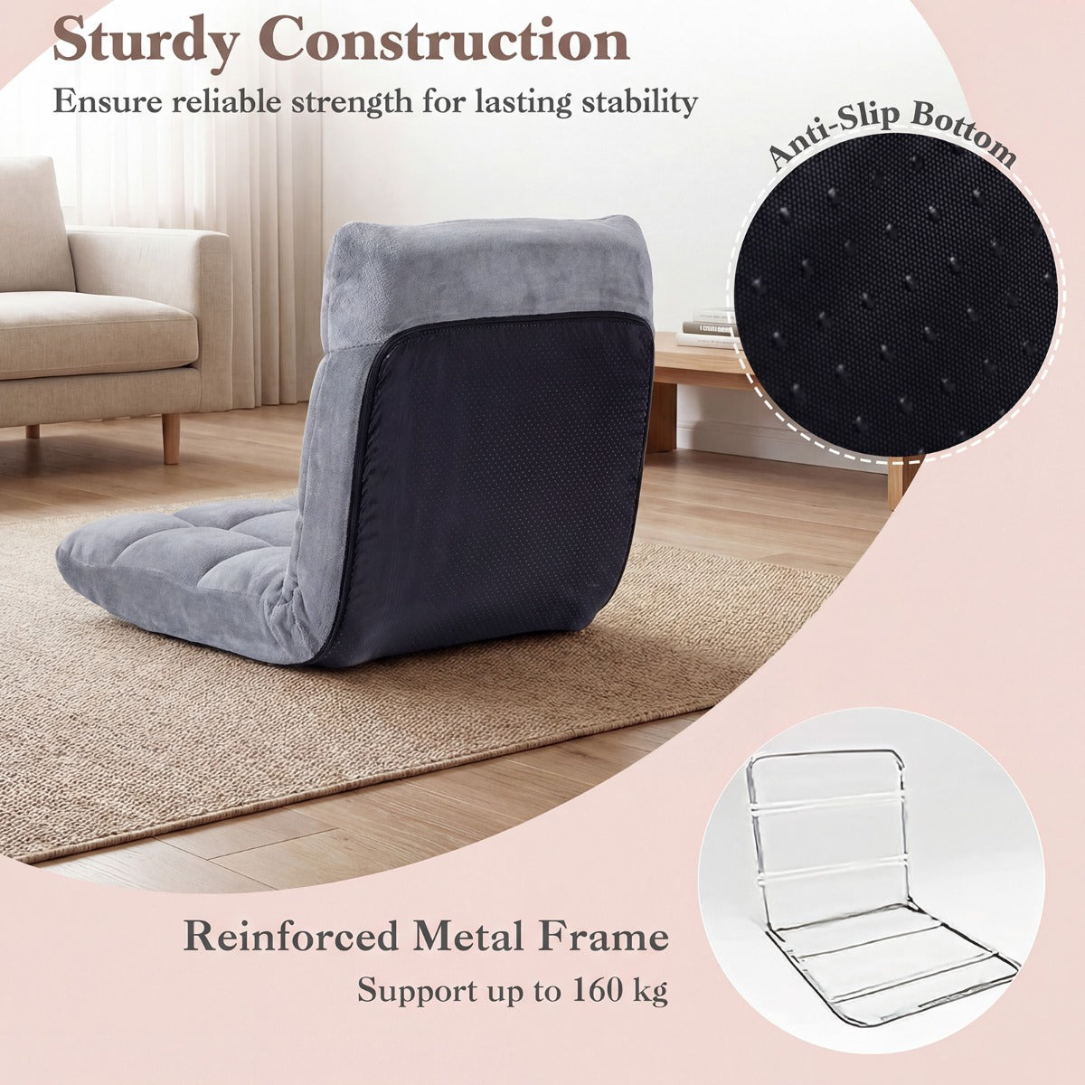 LIVSK Opvouwbare Fauteuil - 14 Verstelbare Standen - Koraalkleurig Fluweel - Antislip Frame - Ruimtebesparend Ontwerp