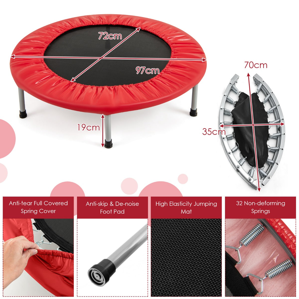 LIVSK Opvouwbare Fitness Trampoline - Draagvermogen tot 150 kg - Veiligheidsgespen - Eenvoudig op te bergen - Rood
