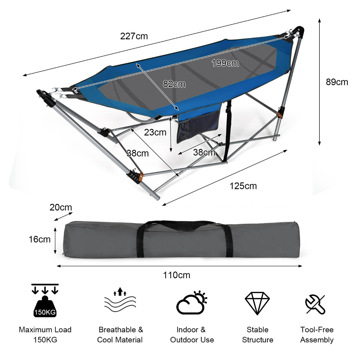 LIVSK Opvouwbare Hangmat - Duurzaam Oxford Stof - Robuuste IJzeren Stand - Draagtas Inclusief - Tot 150 kg - Blauw