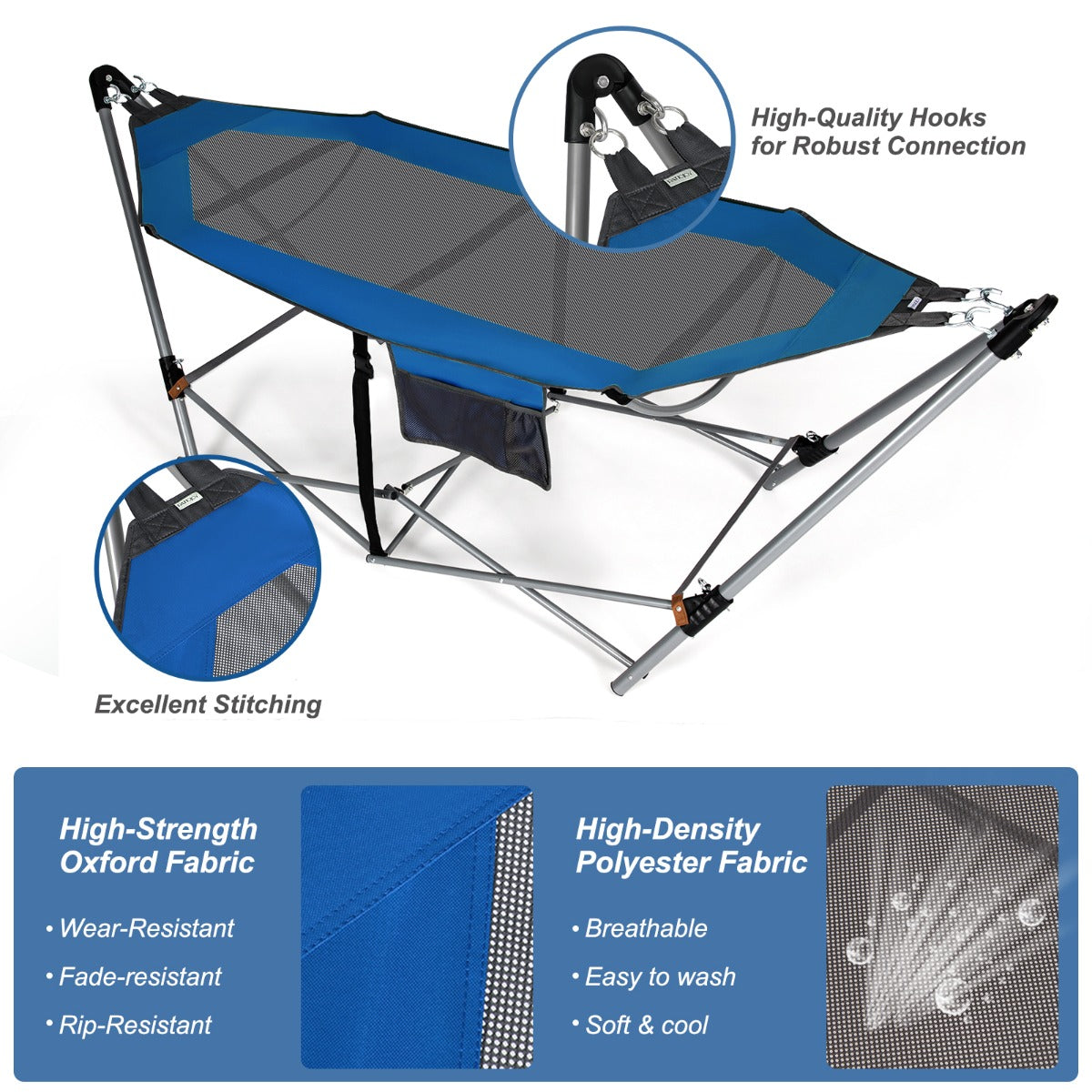 LIVSK Opvouwbare Hangmat - Duurzaam Oxford Stof - Robuuste IJzeren Stand - Draagtas Inclusief - Tot 150 kg - Blauw