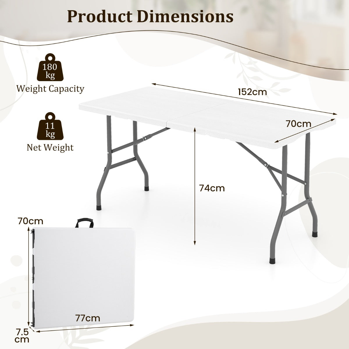 LIVSK Opvouwbare Kampeertafel - HDPE Blad - Robuust Frame - Hoog Draagvermogen 180 kg - Voor 4 tot 6 Personen - Zwart/Wit