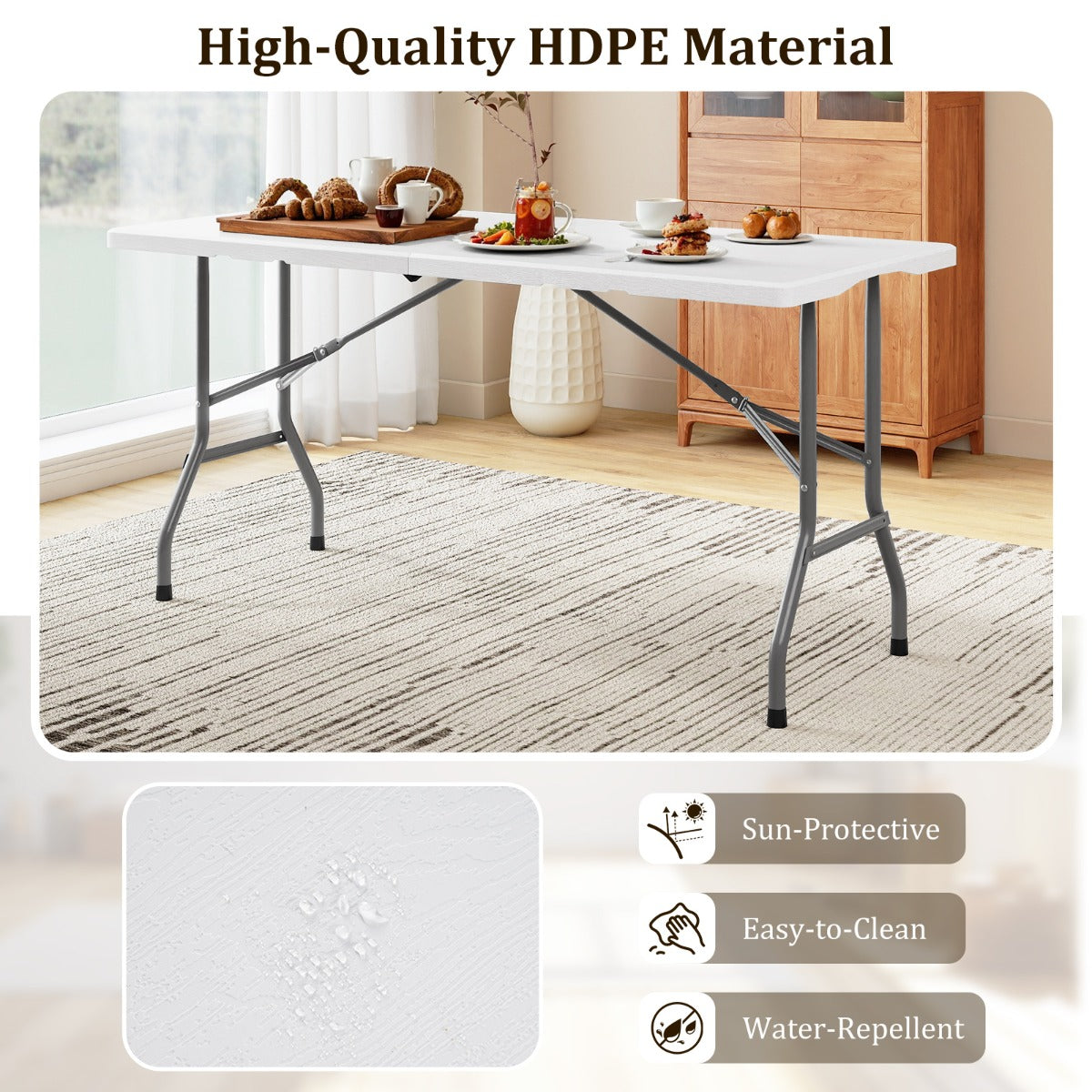 LIVSK Opvouwbare Kampeertafel - HDPE Blad - Robuust Frame - Hoog Draagvermogen 180 kg - Voor 4 tot 6 Personen - Zwart/Wit