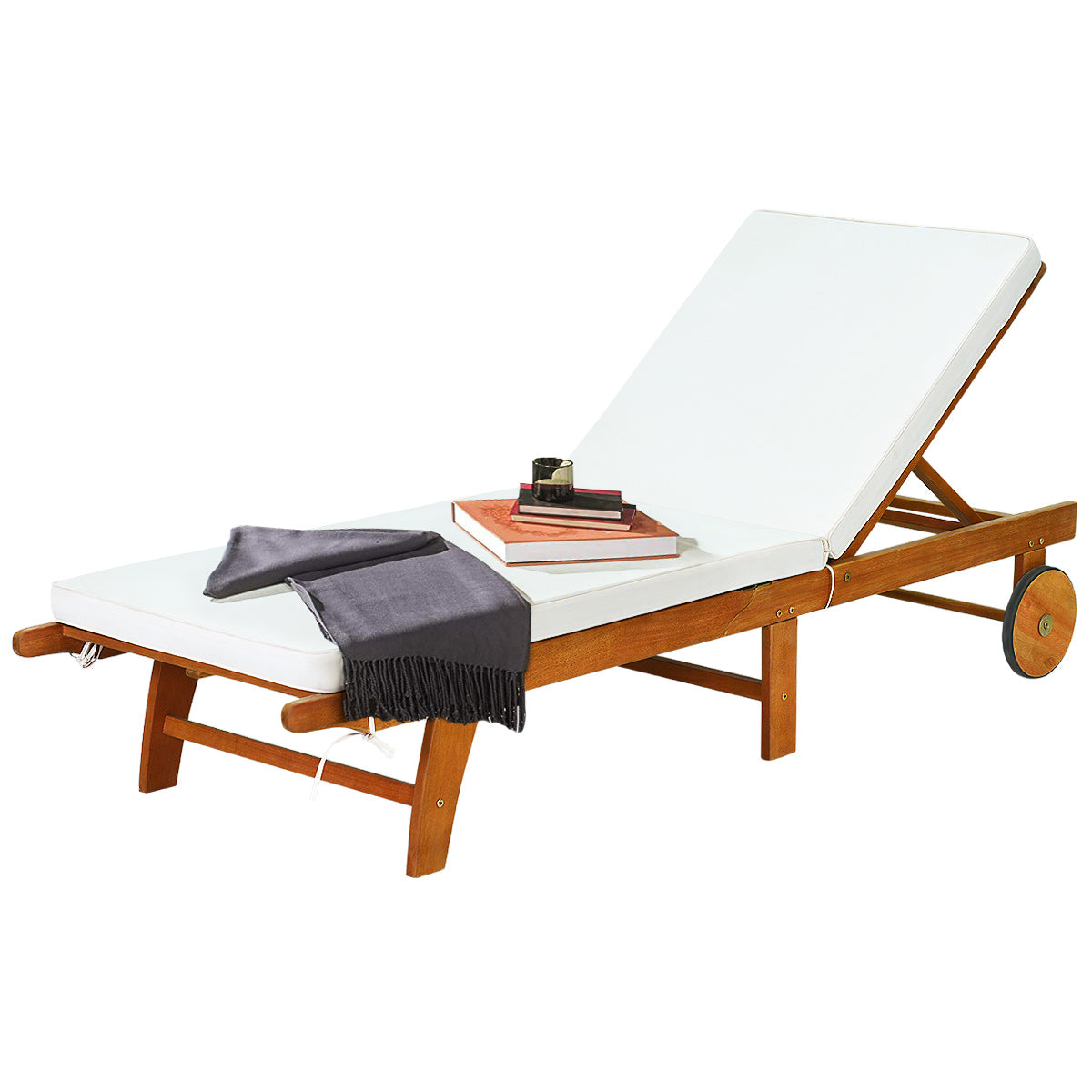 LIVSK Opvouwbare Ligstoel - Eucalyptushout - 6 Verstelbare Posities - Met Wielen - Comfortabel Schuimkussen - Natuurlijke Houtlook