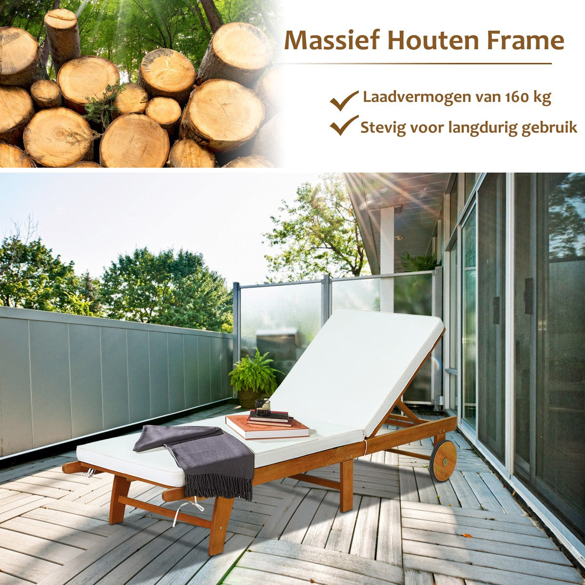 LIVSK Opvouwbare Ligstoel - Eucalyptushout - 6 Verstelbare Posities - Met Wielen - Comfortabel Schuimkussen - Natuurlijke Houtlook