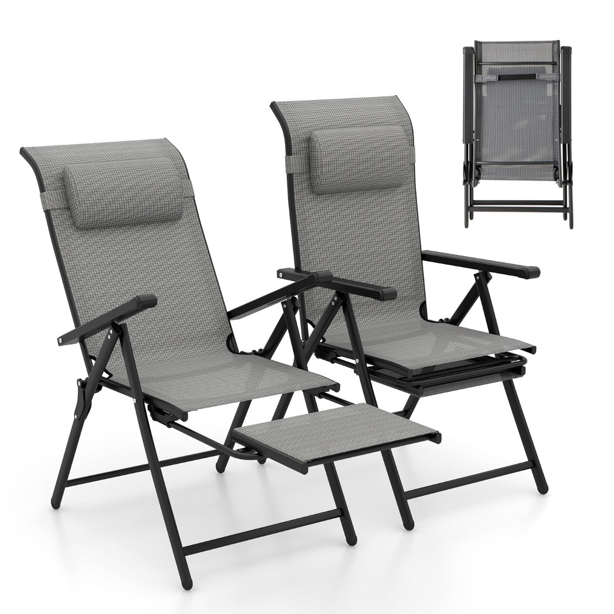 LIVSK Opvouwbare Ligstoelen - 10-voudig Verstelbare Rugleuning - Uitschuifbare Voetsteunen - Ademend Materiaal - Grijs