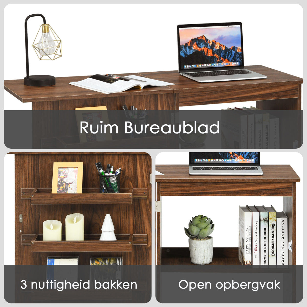 LIVSK Opvouwbare Naaitafel - MDF Constructie - 3 Opbergvakken - Vergrendelbare Wielen - Bruin