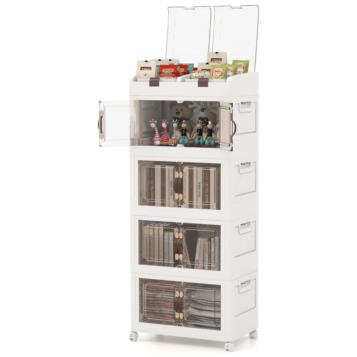 LIVSK Opvouwbare Opbergdozen - Stapelbaar met 210 L Capaciteit - Magnetische Deuren - 4 Wielen - Wit
