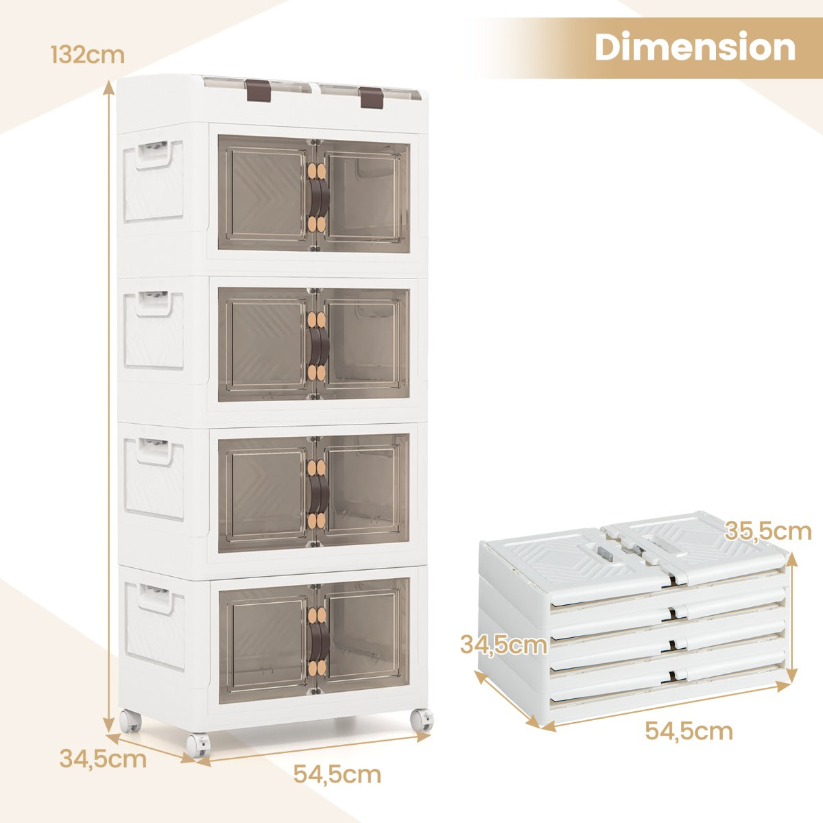 LIVSK Opvouwbare Opbergdozen - Stapelbaar met 210 L Capaciteit - Magnetische Deuren - 4 Wielen - Wit