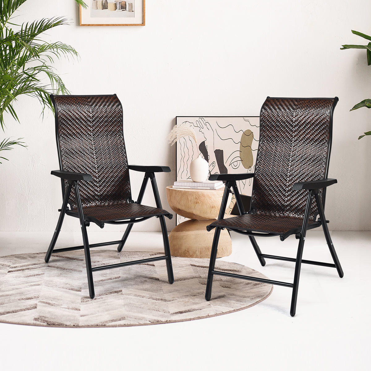 LIVSK Opvouwbare Rotan Stoelen - Verstelbare Rugleuning - Stalen Frame - Ergonomische Armleuningen - Bruin