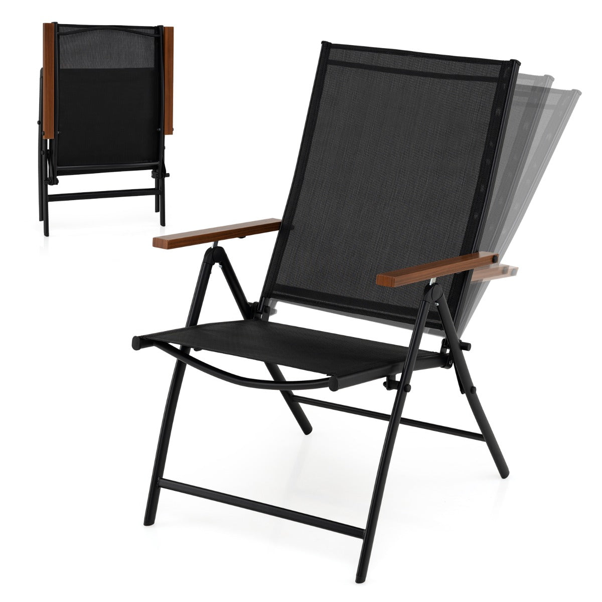 LIVSK Opvouwbare Terrasstoel - Verstelbare Rugleuning - Ademend Teslin - Tot 150 kg - Voor Tuin en Camping - Zwart