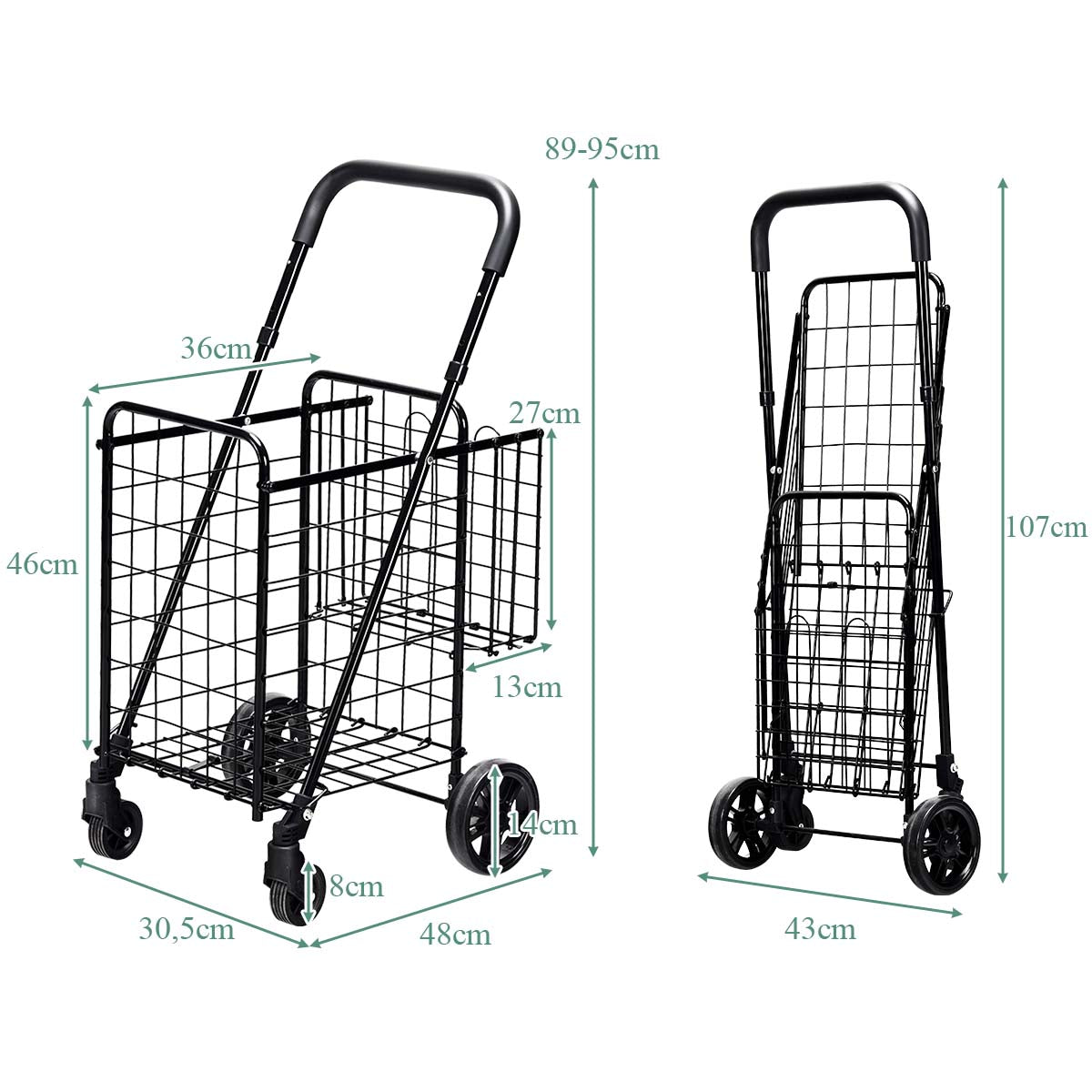 LIVSK Opvouwbare Winkelwagen - Dubbele Mand - Verstelbare Hoogte - Lichtgewicht Koolstofstaal - 20 kg Capaciteit - Zwart