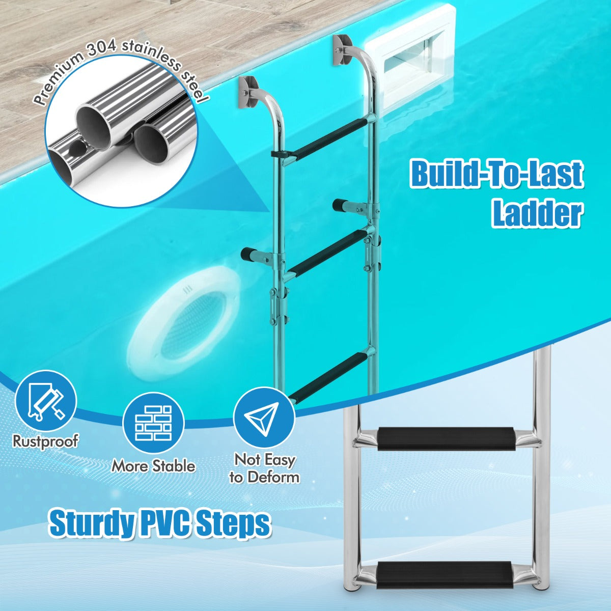 LIVSK Opvouwbare Zwembadtrap - Roestvrij Staal - Anti-slip PVC Treden - Eenvoudige Montage - Tot 200 kg - Zilver