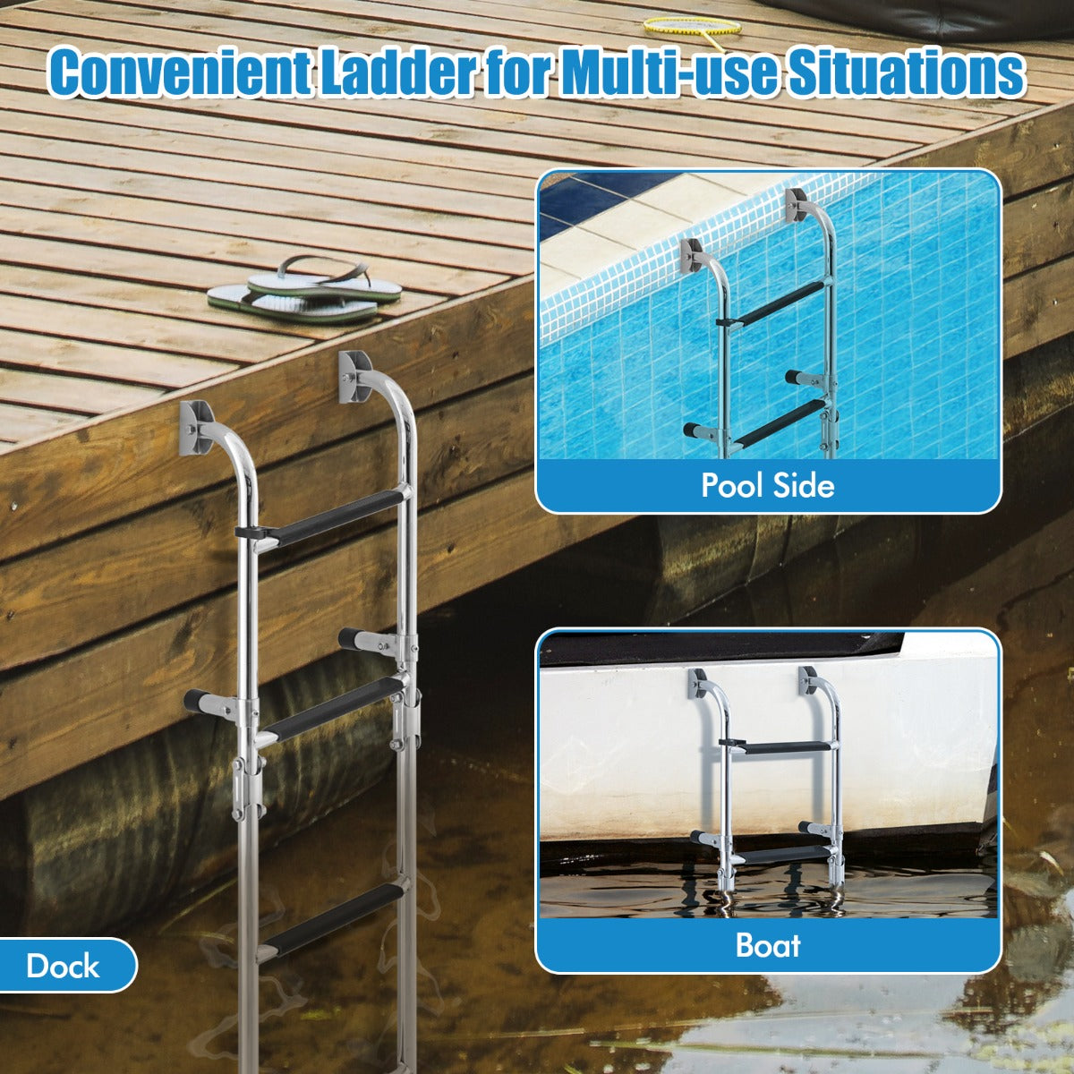 LIVSK Opvouwbare Zwembadtrap - Roestvrij Staal - Anti-slip PVC Treden - Eenvoudige Montage - Tot 200 kg - Zilver